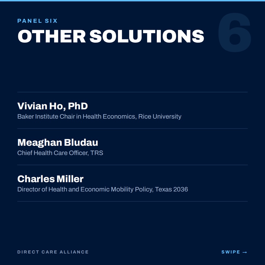 Card seven. Panel Six, Other Solutions: Vivian Ho PhD of Rice University, Meaghan Bludau of TRS, Charles Miller of Texas 2036.