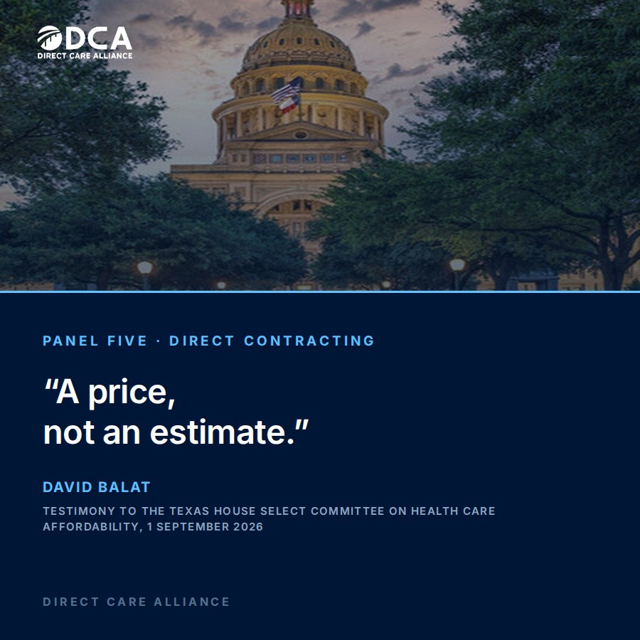 Card eight. Texas Capitol at dusk. Quote: A price, not an estimate. David Balat, testimony to the Texas House Select Committee on Health Care Affordability, 1 September 2026.